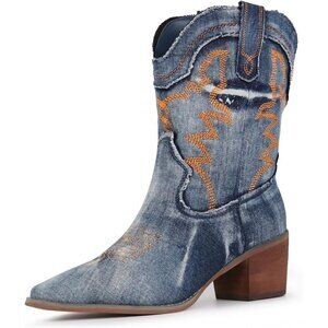 Women's Blue Embroidered Stitched Rodeo Boots Pointed Toe Chunky Block Heel